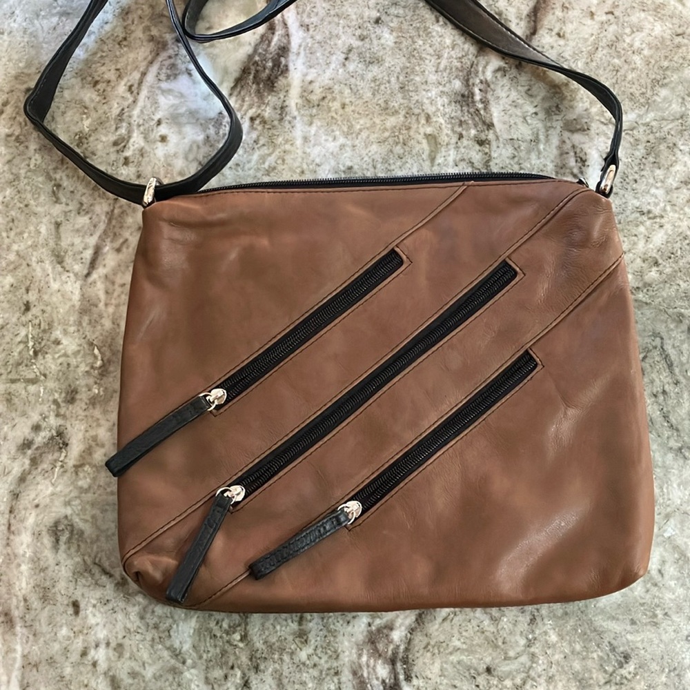 Ili Genuine Leather Crossbody Bag Brown with  Black Accents